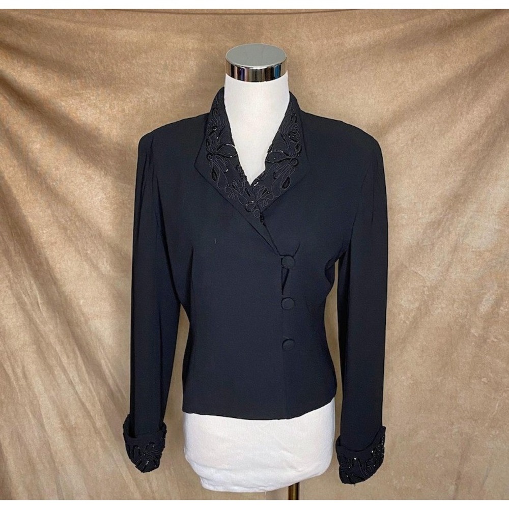 Vintage Talbots Petites Black Beaded Collar Lapel Blazer Jacket Size 12P